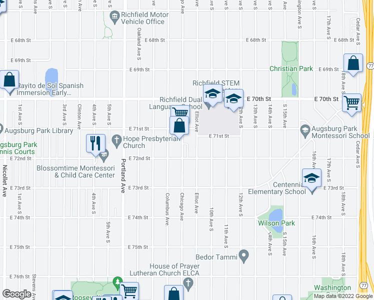map of restaurants, bars, coffee shops, grocery stores, and more near 7201 Chicago Avenue in Minneapolis