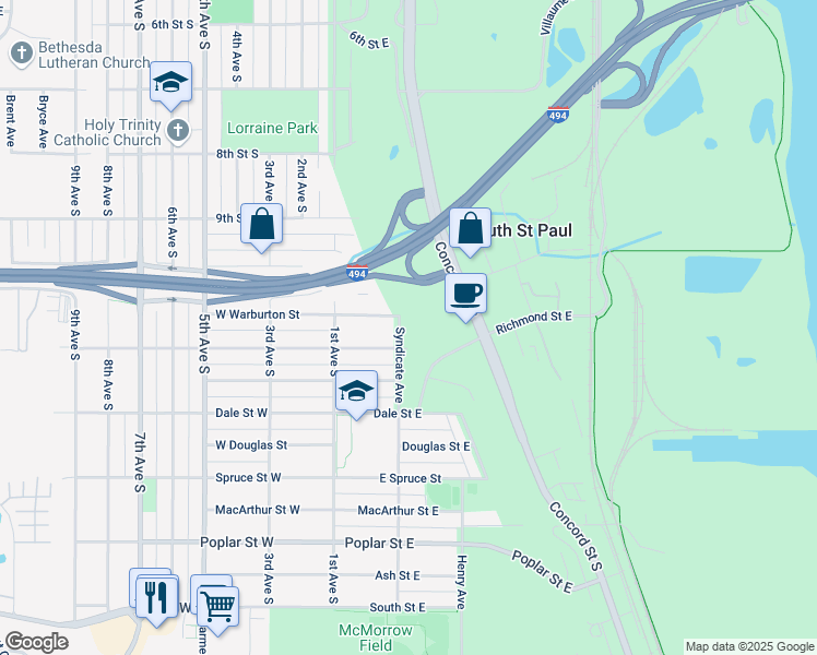map of restaurants, bars, coffee shops, grocery stores, and more near 1045 Syndicate Avenue in South Saint Paul