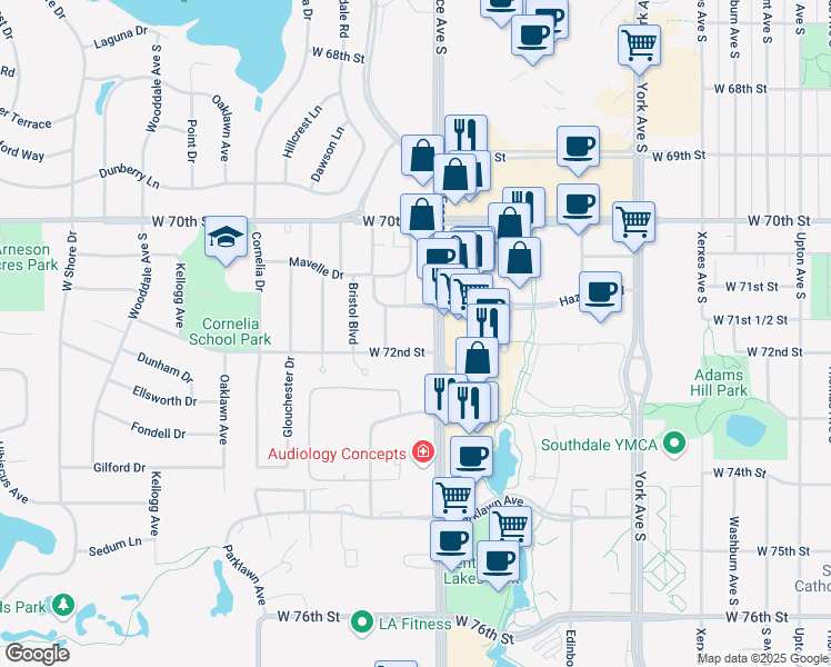 map of restaurants, bars, coffee shops, grocery stores, and more near 7128 France Avenue South in Minneapolis