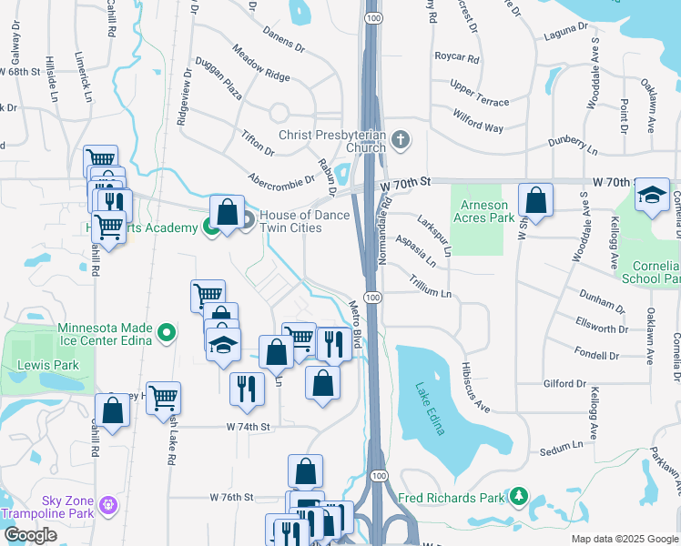 map of restaurants, bars, coffee shops, grocery stores, and more near 7201 Metro Boulevard in Minneapolis