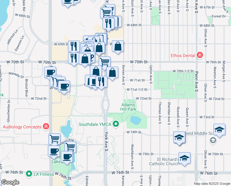 map of restaurants, bars, coffee shops, grocery stores, and more near 7151 York Avenue South in Edina