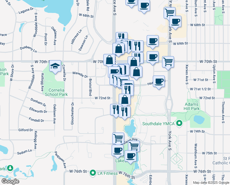 map of restaurants, bars, coffee shops, grocery stores, and more near 7171 France Avenue South in Edina