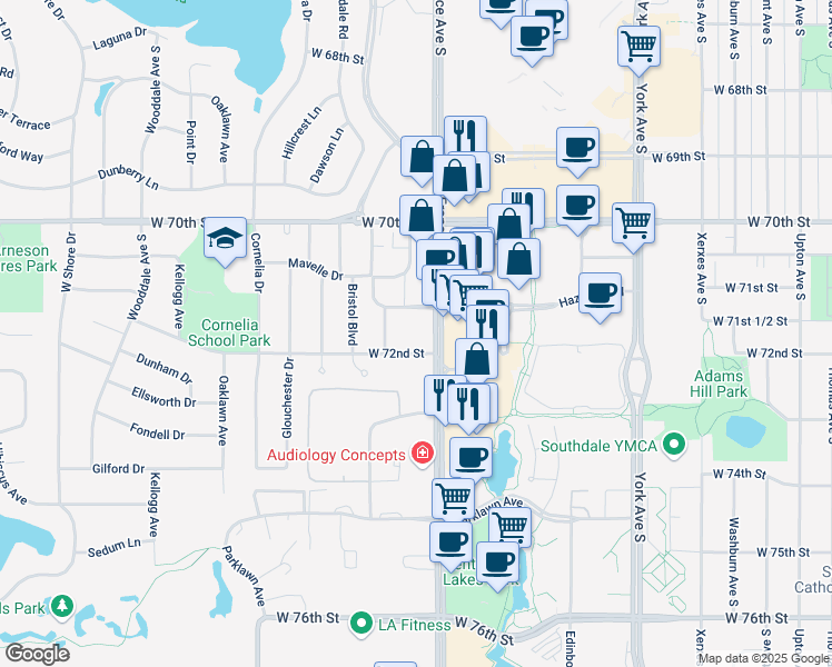 map of restaurants, bars, coffee shops, grocery stores, and more near 7110 France Avenue South in Minneapolis