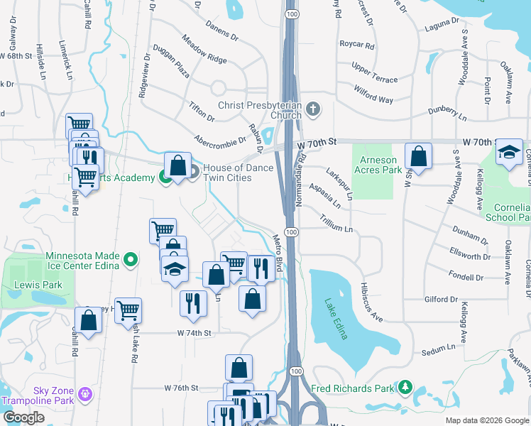 map of restaurants, bars, coffee shops, grocery stores, and more near 7101 Metro Blvd in Minneapolis