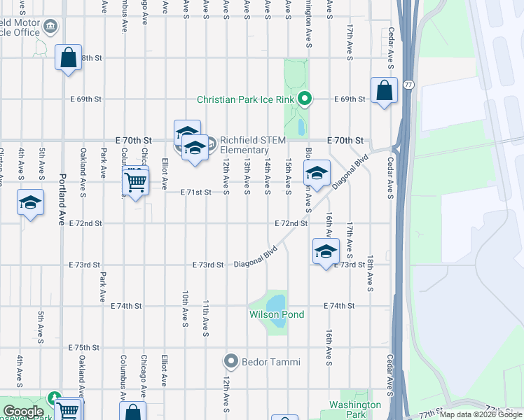 map of restaurants, bars, coffee shops, grocery stores, and more near 7115 13th Avenue South in Minneapolis