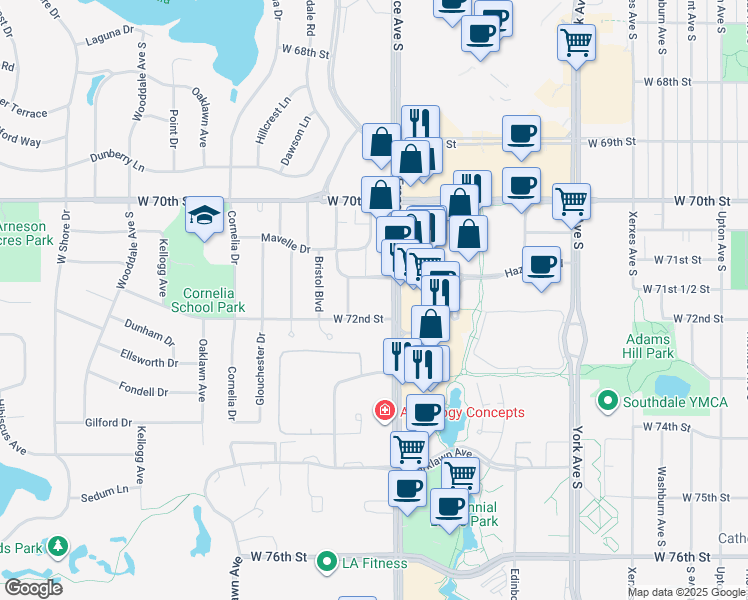 map of restaurants, bars, coffee shops, grocery stores, and more near 7128 France Avenue South in Minneapolis