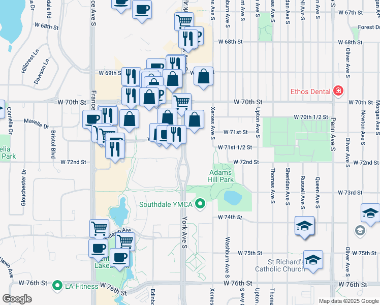 map of restaurants, bars, coffee shops, grocery stores, and more near 7141 York Avenue South in Edina