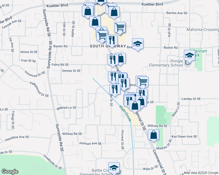 map of restaurants, bars, coffee shops, grocery stores, and more near 5661 Woodside Drive Southeast in Salem