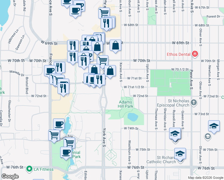 map of restaurants, bars, coffee shops, grocery stores, and more near 7151 York Avenue South in Edina