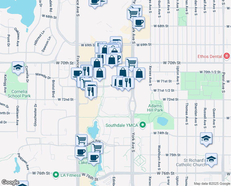 map of restaurants, bars, coffee shops, grocery stores, and more near 3478 Hazelton Road in Edina