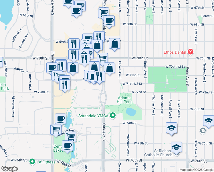 map of restaurants, bars, coffee shops, grocery stores, and more near 7101 County Road 31 in Edina