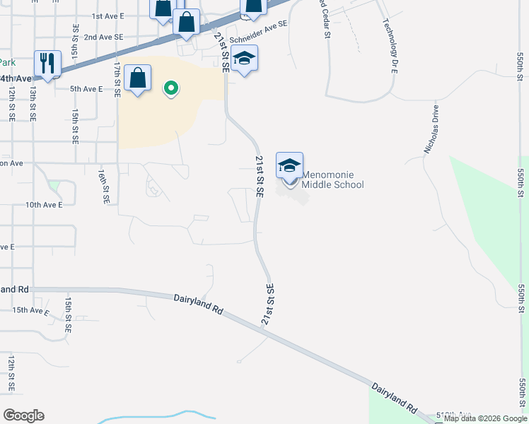 map of restaurants, bars, coffee shops, grocery stores, and more near 1020 21st Street Southeast in Menomonie
