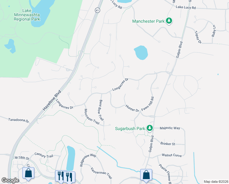 map of restaurants, bars, coffee shops, grocery stores, and more near 2390 Longacres Drive in Chanhassen