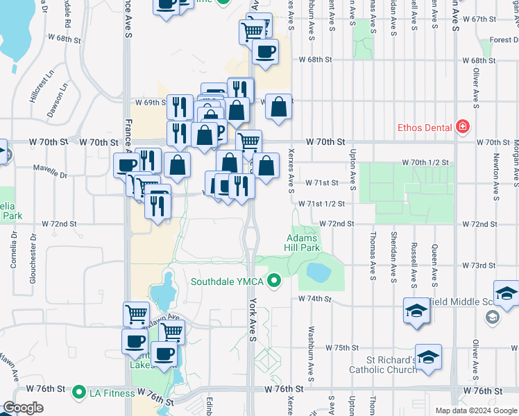 map of restaurants, bars, coffee shops, grocery stores, and more near 7141 York Avenue South in Edina