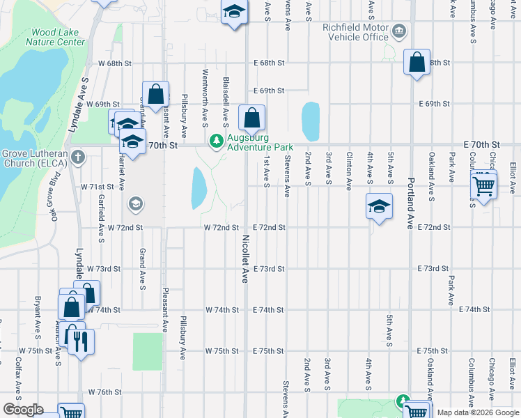 map of restaurants, bars, coffee shops, grocery stores, and more near 7112 1st Avenue South in Richfield