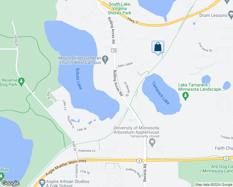 map of restaurants, bars, coffee shops, grocery stores, and more near 7240 Rolling Acres Road in Excelsior