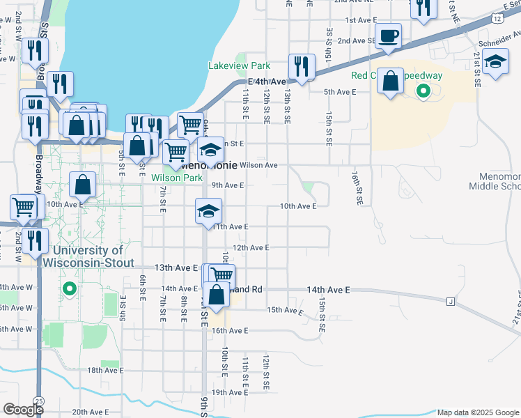 map of restaurants, bars, coffee shops, grocery stores, and more near 1209 10th Avenue East in Menomonie