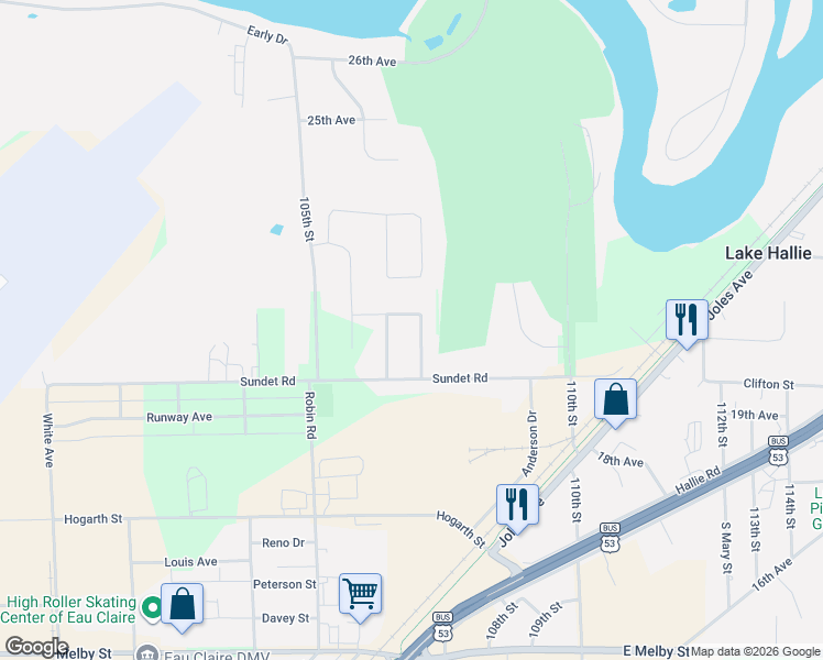 map of restaurants, bars, coffee shops, grocery stores, and more near 4929 Running Deer Drive in Eau Claire