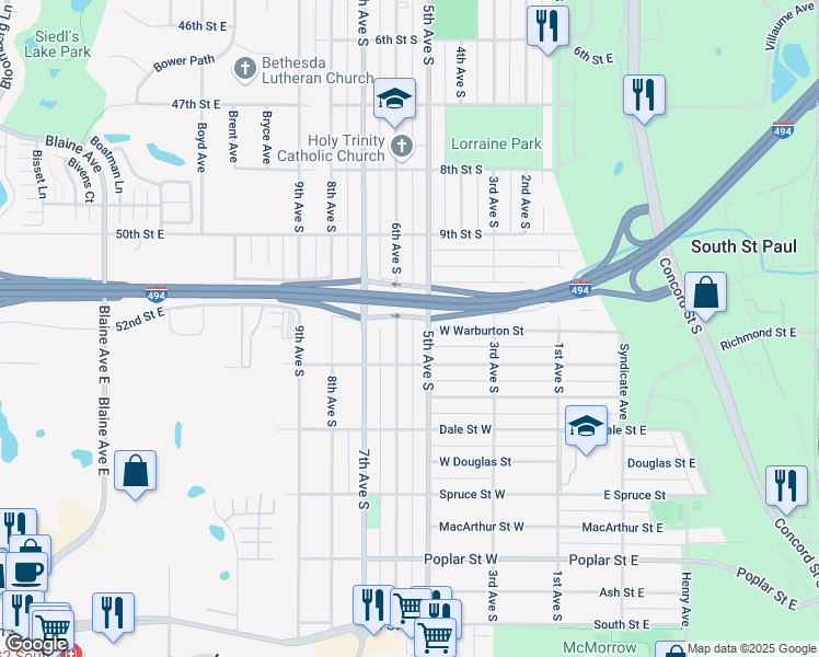 map of restaurants, bars, coffee shops, grocery stores, and more near 1021 6th Avenue South in South Saint Paul