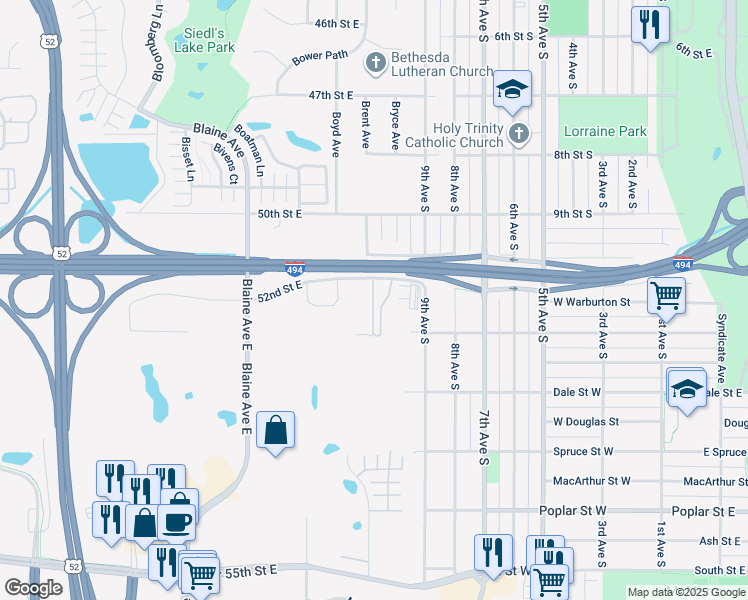 map of restaurants, bars, coffee shops, grocery stores, and more near 7 Bryce Avenue in Inver Grove Heights