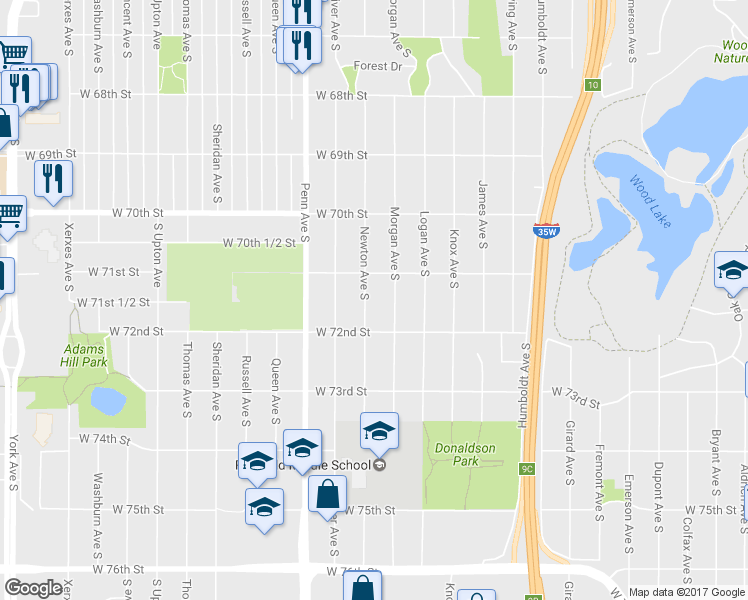 map of restaurants, bars, coffee shops, grocery stores, and more near 7121 Newton Avenue South in Minneapolis