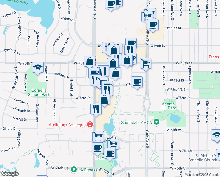 map of restaurants, bars, coffee shops, grocery stores, and more near 7123 France Avenue South in Edina