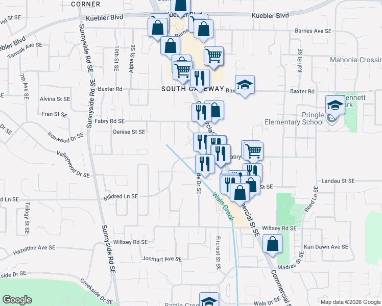 map of restaurants, bars, coffee shops, grocery stores, and more near 5585 Commercial Street Southeast in Salem