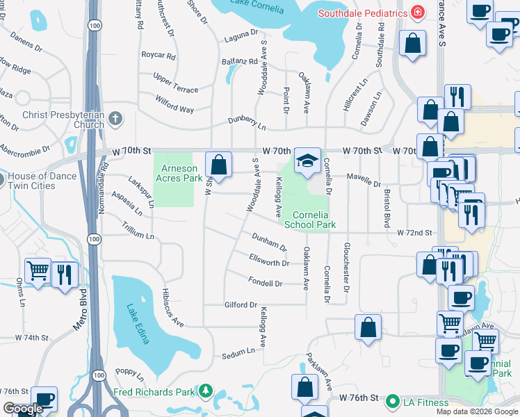 map of restaurants, bars, coffee shops, grocery stores, and more near 4440 Claremore Drive in Minneapolis