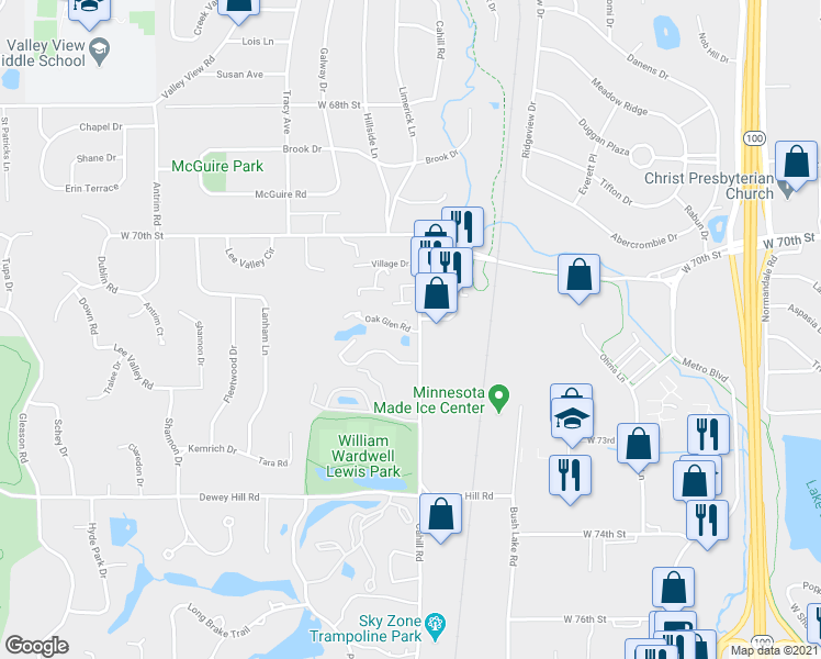 map of restaurants, bars, coffee shops, grocery stores, and more near 5524 Oak Glen Road in Edina