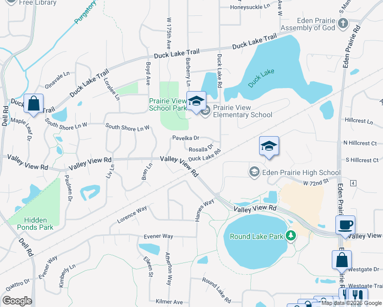 map of restaurants, bars, coffee shops, grocery stores, and more near 17367 Rosella Drive in Eden Prairie