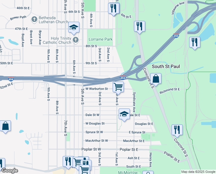 map of restaurants, bars, coffee shops, grocery stores, and more near 132 West Warburton Street in South Saint Paul