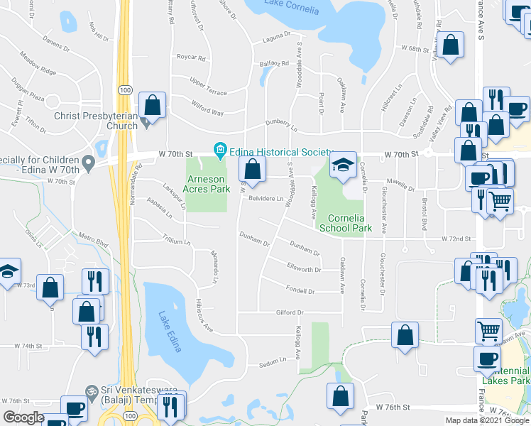 map of restaurants, bars, coffee shops, grocery stores, and more near 4508 Claremore Court in Minneapolis