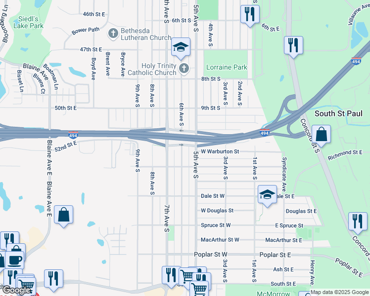 map of restaurants, bars, coffee shops, grocery stores, and more near 1021 6th Avenue South in South Saint Paul