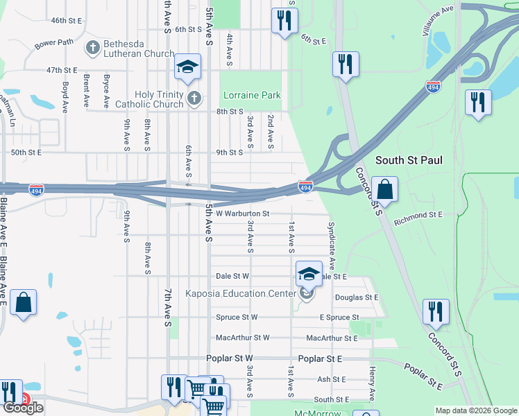 map of restaurants, bars, coffee shops, grocery stores, and more near 146 West Warburton Street in South St. Paul