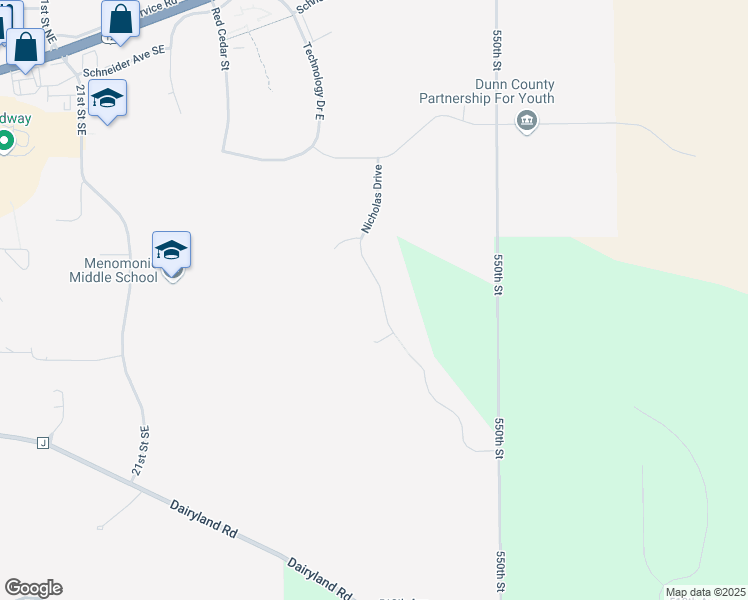 map of restaurants, bars, coffee shops, grocery stores, and more near 3981 Nicholas Drive in Menomonie