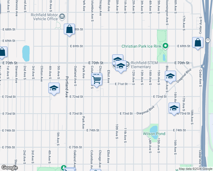 map of restaurants, bars, coffee shops, grocery stores, and more near 7115 Chicago Avenue in Richfield
