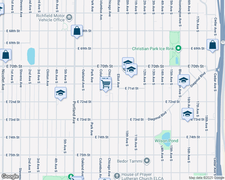 map of restaurants, bars, coffee shops, grocery stores, and more near 7115 Chicago Avenue in Richfield