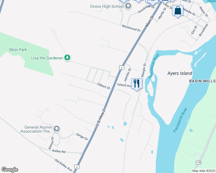 map of restaurants, bars, coffee shops, grocery stores, and more near 5 Gilbert Street in Orono