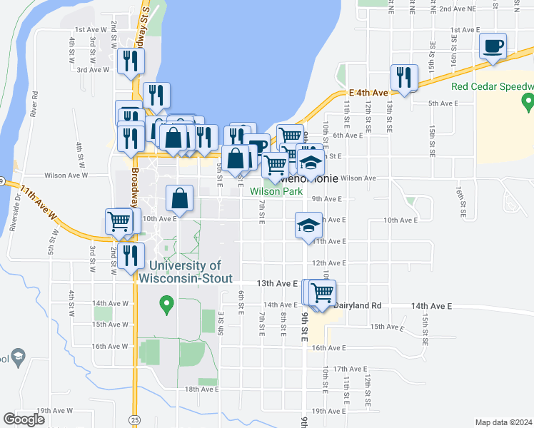 map of restaurants, bars, coffee shops, grocery stores, and more near 707 10th Avenue East in Menomonie