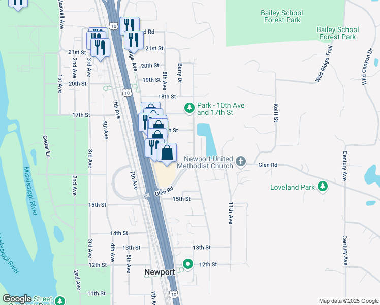 map of restaurants, bars, coffee shops, grocery stores, and more near 1651 10th Avenue in Newport