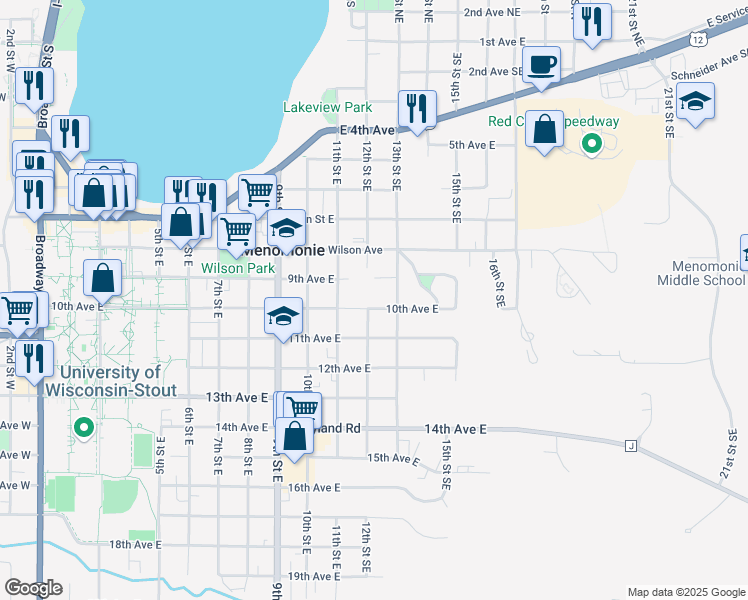 map of restaurants, bars, coffee shops, grocery stores, and more near 1209 10th Avenue East in Menomonie
