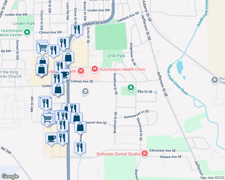 map of restaurants, bars, coffee shops, grocery stores, and more near 1214 Bradford Street Southeast in Hutchinson
