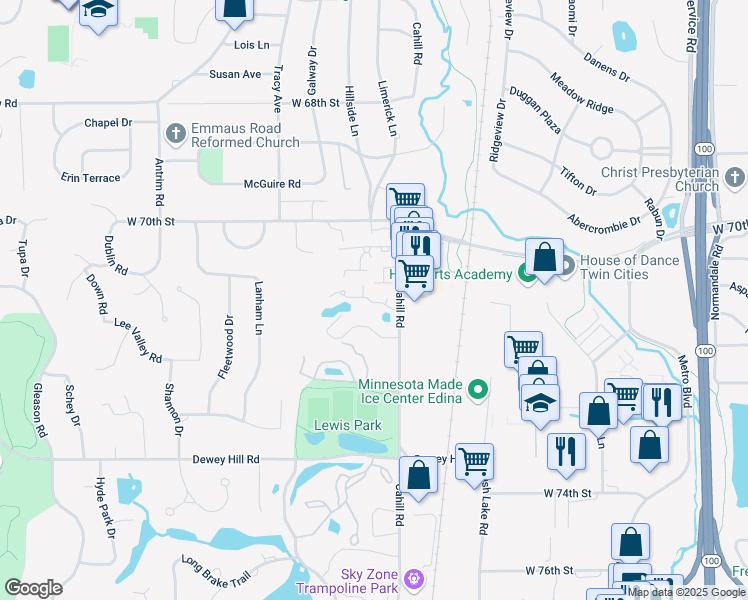 map of restaurants, bars, coffee shops, grocery stores, and more near 5524 Oak Glen Road in Edina
