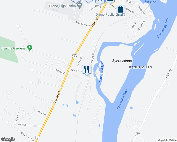 map of restaurants, bars, coffee shops, grocery stores, and more near 46 Island Avenue in Orono