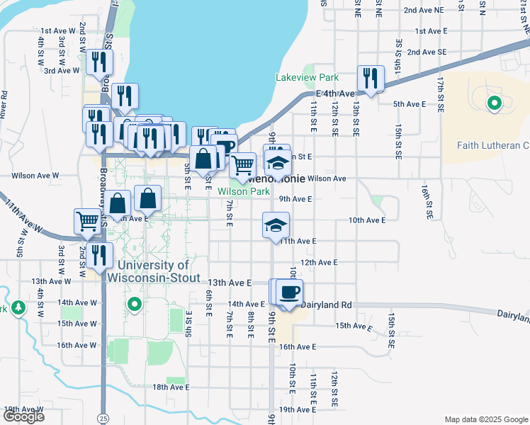 map of restaurants, bars, coffee shops, grocery stores, and more near 919 9th Street East in Menomonie