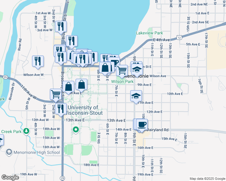 map of restaurants, bars, coffee shops, grocery stores, and more near 917 7th Street East in Menomonie