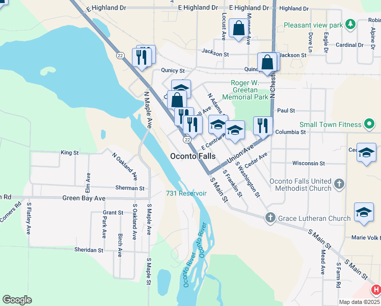 map of restaurants, bars, coffee shops, grocery stores, and more near 101 North Main Street in Oconto Falls