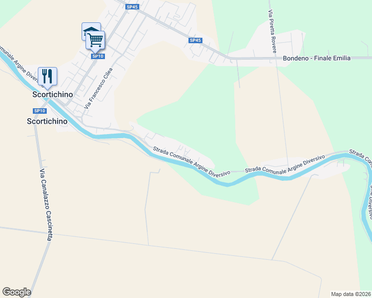 map of restaurants, bars, coffee shops, grocery stores, and more near 67 Strada Comunale Argine Diversivo in Scortichino