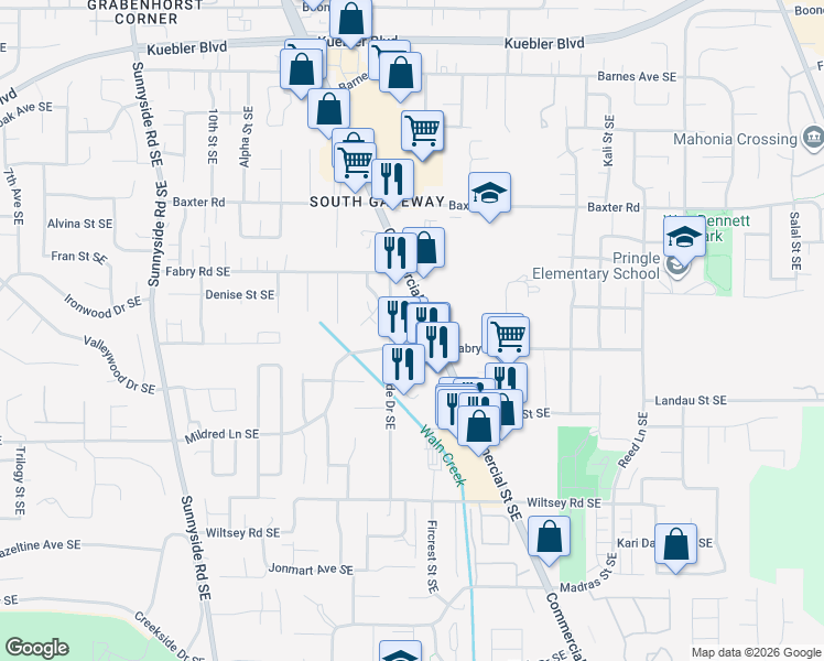 map of restaurants, bars, coffee shops, grocery stores, and more near 5585 Commercial Street Southeast in Salem