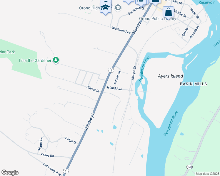 map of restaurants, bars, coffee shops, grocery stores, and more near 7 Island Avenue in Orono